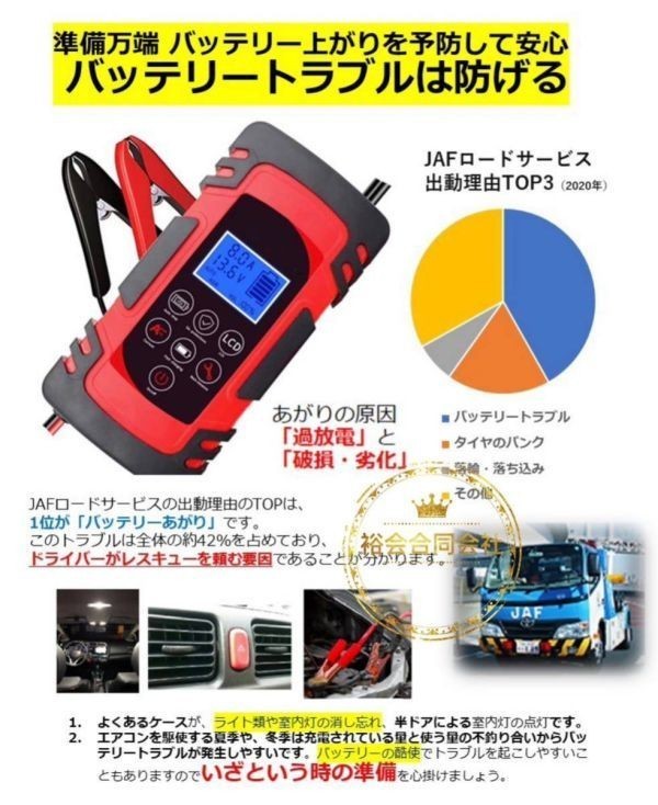 自動 バッテリー充電器 定格8A スマートチャージャー 12V/24V対応 バッテリー診断機能付 AGM/GEL車充電可能★保証付き★顧客満足度100％★の画像3