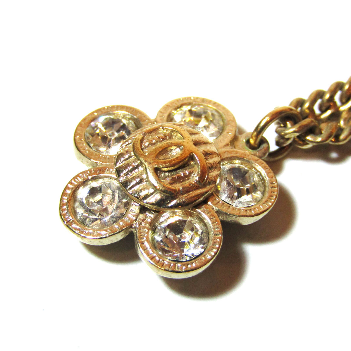 「CHANEL」 Vintage Gold Tone × Rhinestone Coco Mark Necklace シャネル ココマーク ラインストーン フラワー ネックレス ゴールド_画像6