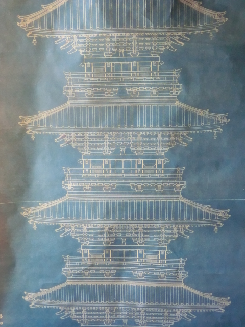 掛軸青写真○昭和9年 川崎大師平間寺五重御塔設計姿