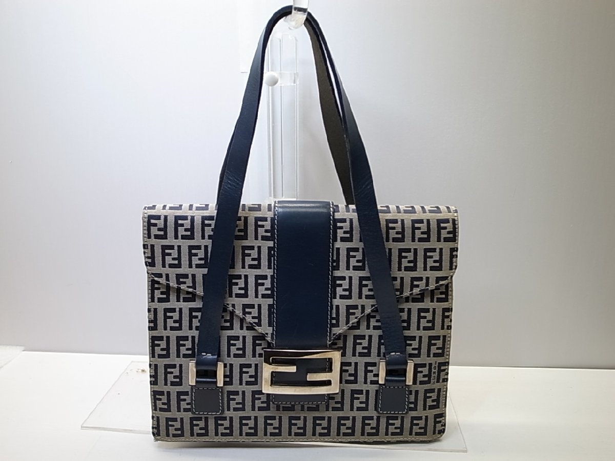 希少☆【FENDI】フェンディ ハンドバッグ ズッキーノ柄 16465 ジャガード×レザー　ネイビー