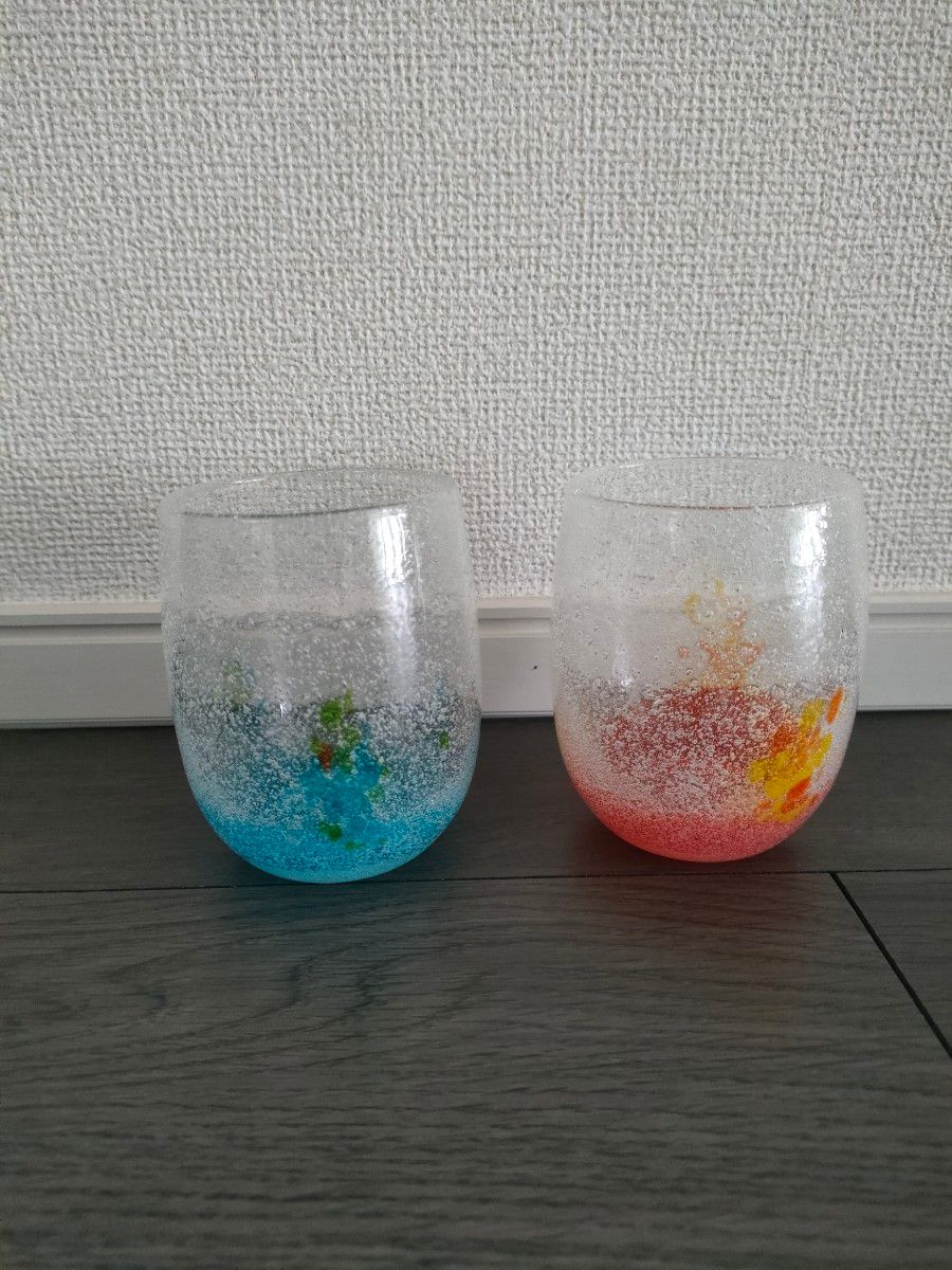 琉球ガラス 泡花見グラス2個セット 沖縄 花見 水色 オレンジ