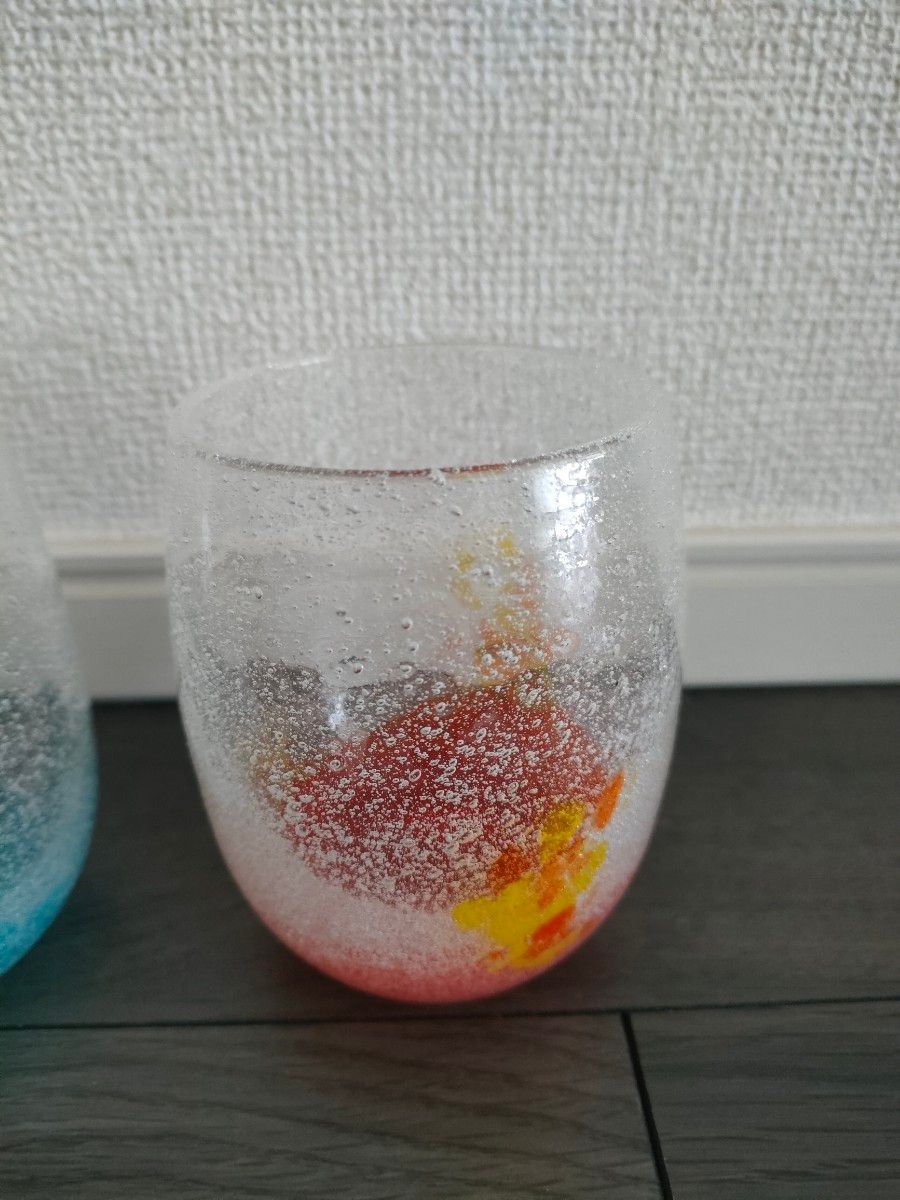 琉球ガラス 泡花見グラス2個セット 沖縄 花見 水色 オレンジ