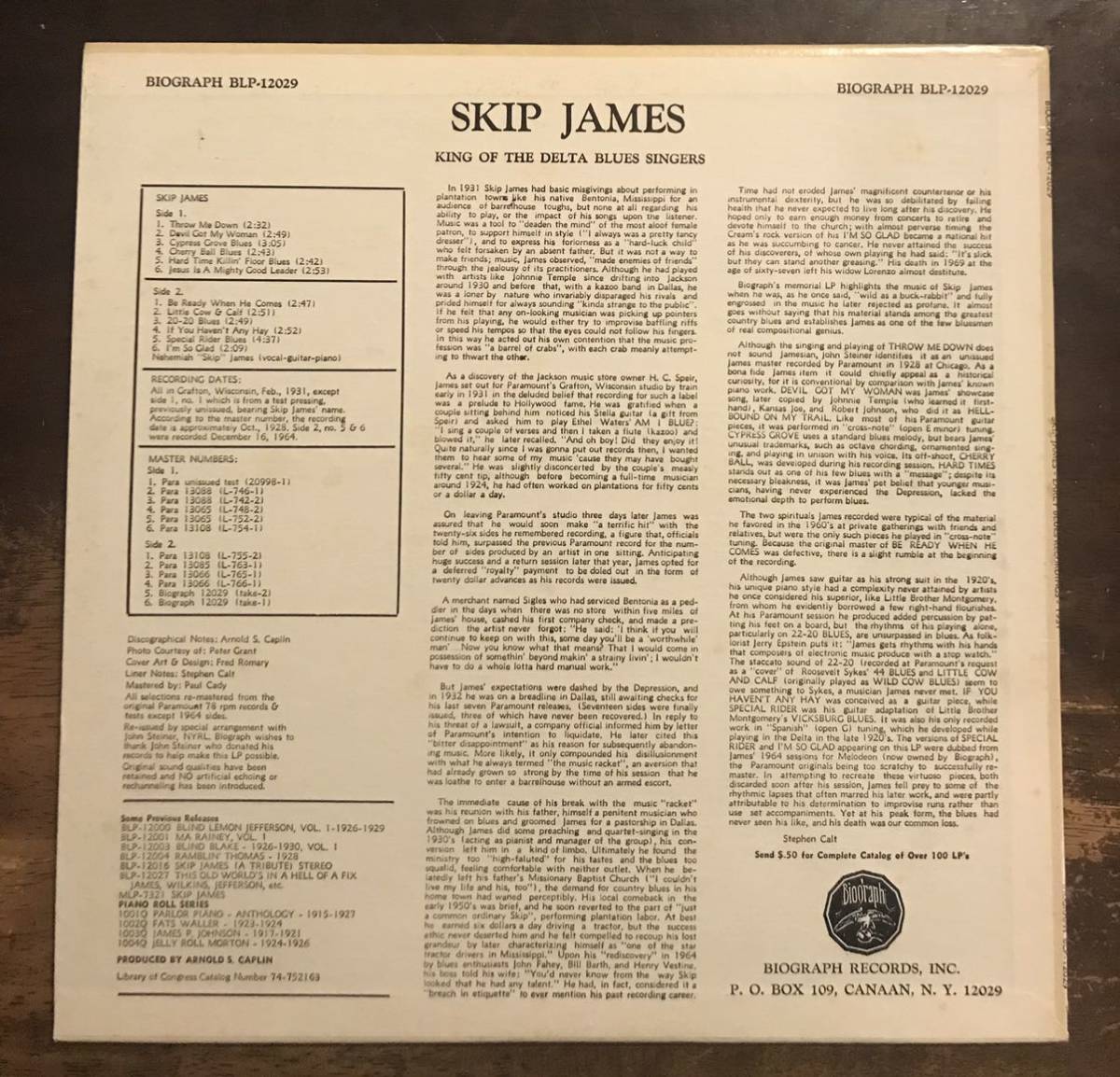 ■SKIP JAMES ■スキップ・ジェームス■King Of The Delta Blues Singers / 1LP / Biograph Records / Blues / ブルース名盤 / シュリンクの画像2