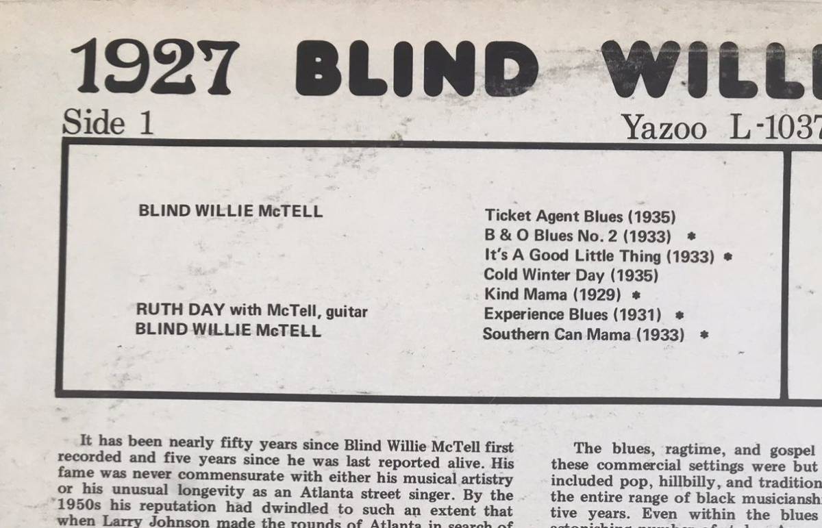 ■BLIND WILLIE McTELL ■ブラインド・ウィリー・マクテル ■Blind Willie McTell 1927 - 1935 / 1LP / Yazoo L - 1037 Stereo / ブルース_画像3