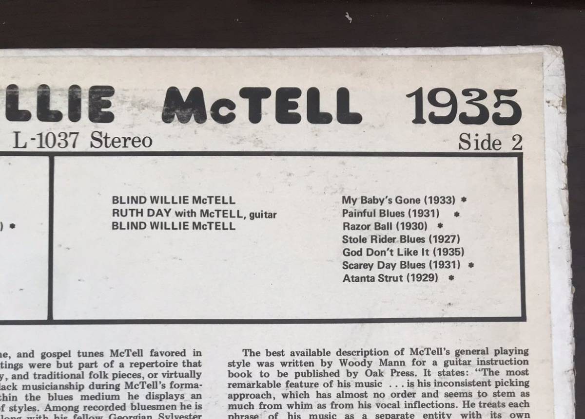 ■BLIND WILLIE McTELL ■ブラインド・ウィリー・マクテル ■Blind Willie McTell 1927 - 1935 / 1LP / Yazoo L - 1037 Stereo / ブルース_画像4