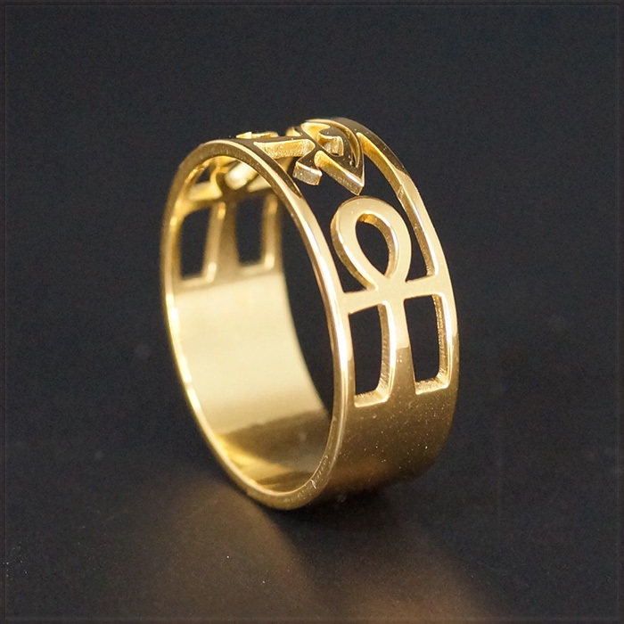 [RING] 18K Gold Plated 古代 エジプト ホルスの目 ラーの目 アンク 十字架 クロス デザイン 8mm ワイド フラット ゴールド リング 24号_画像4