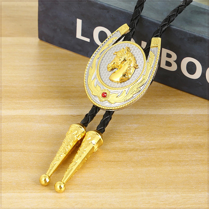 [Fashion] Cowboy Bolo Tie ゴールデン 馬蹄鉄 幸運シンボル ラッキーアイテム バックル ループタイ 紐ネクタイ レザーロープタイ ボロタイの画像4