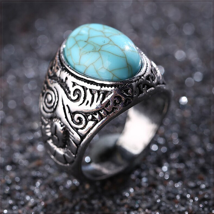 [RING] Blue Turquoises Stone 16mm オーバル ターコイズ ブルー ストーン ペイズリー 彫刻 ヴィンテージ シルバー 21mm リング 25号_画像2