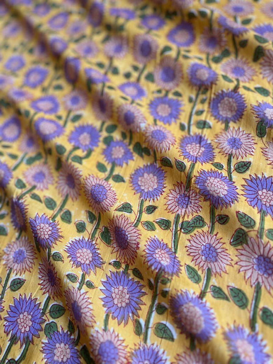 インド綿　3m 紫の向日葵　ブロックプリント　ハンドブロックプリント　ハンドメイド　手仕事　更紗　木綿