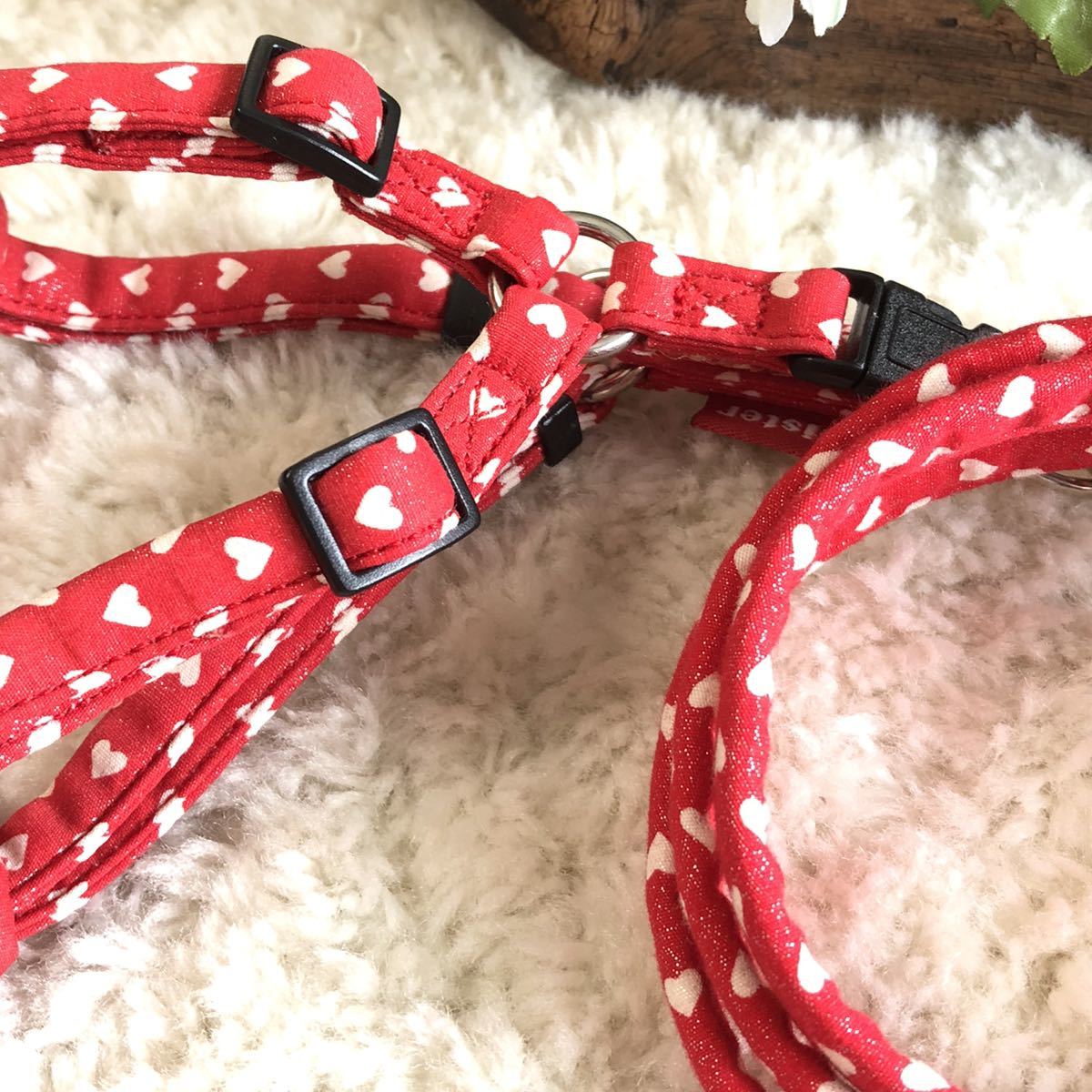 ★同梱お得★胴輪＆リード?超小型犬?ラメハート-No.28?レッド?