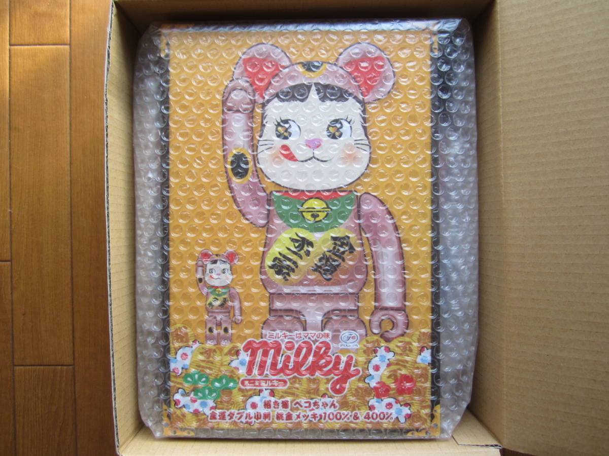 BE@RBRICK 招き猫 ペコちゃん 金運ダブル小判 桃金メッキ 100％＆400％ MEDICOM TOY ベアブリック 国内正規品 不二家 メディコムトイ