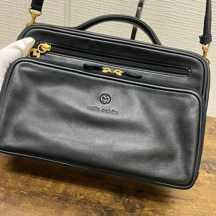 【美品】mila schon ミラショーン 型押しロゴ 2way レザー ショルダーバッグ ハンドバッグ ブラック YAKT0313-2の画像3