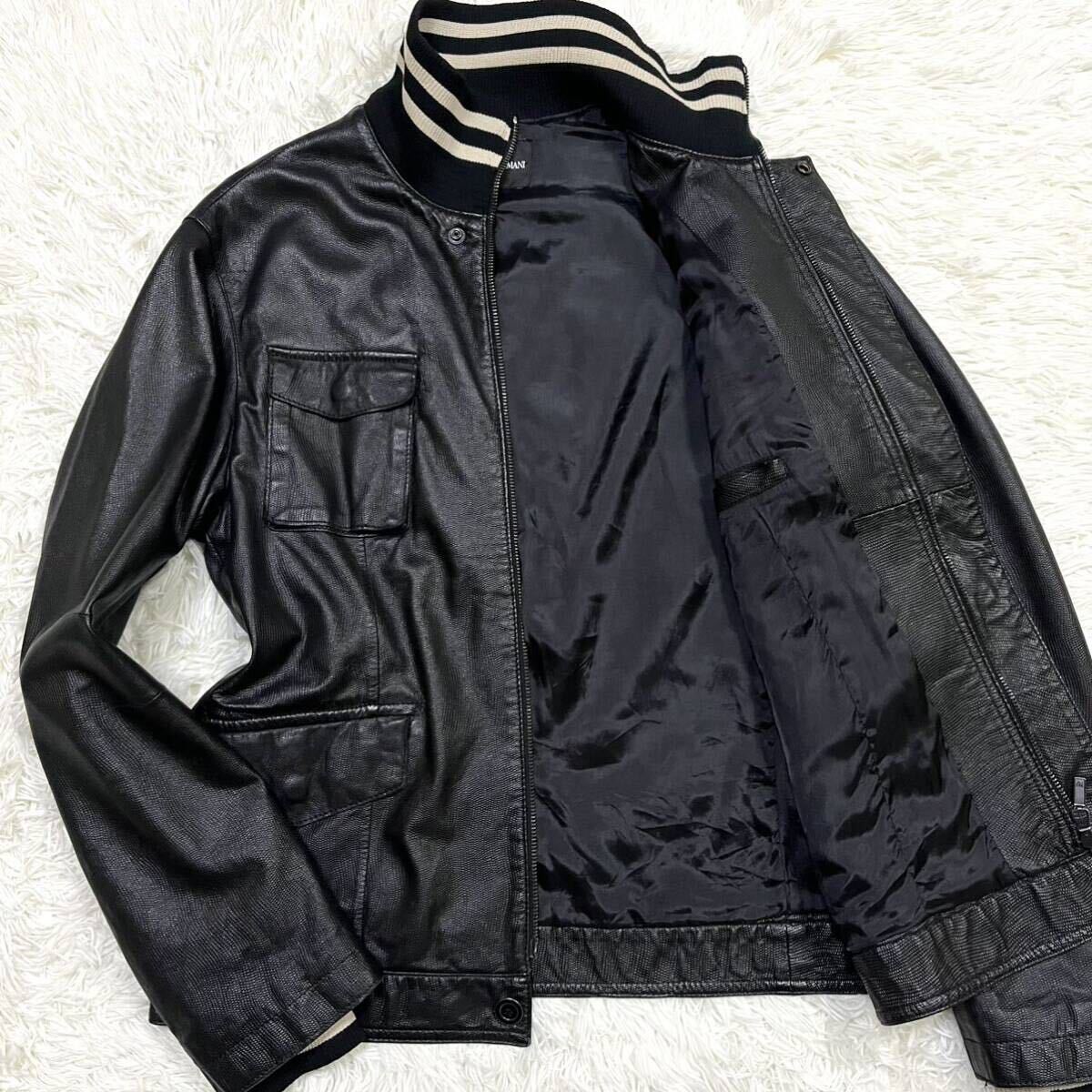 美品 希少54size『軽い着心地』EMPORIO ARMANI/エンポリオアルマーニ 型押し加工 レザージャケット エンボス 本革 ブラック 黒 メンズ XXLの画像1