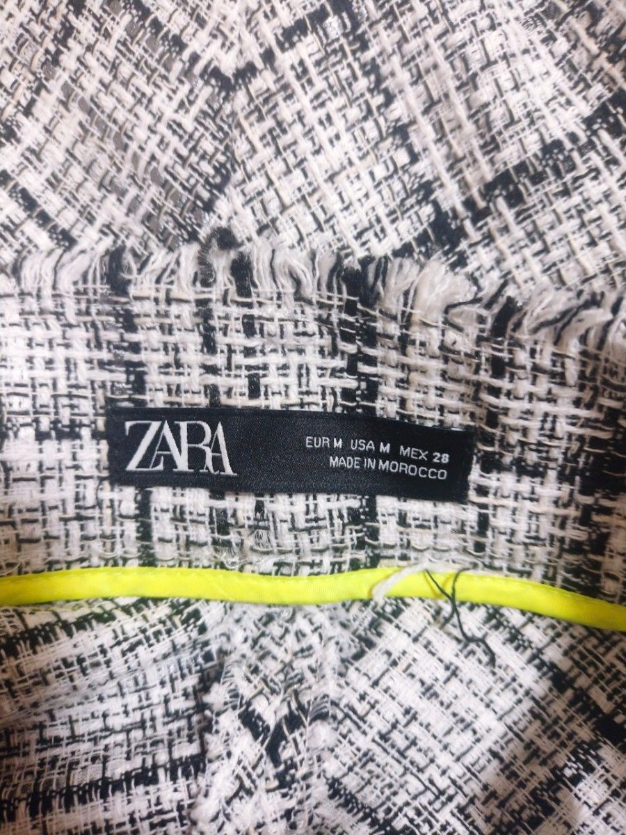 ZARA ツイード風フレアロングスカート ホワイト チェック ミディ ベルト M ザラ  スカート