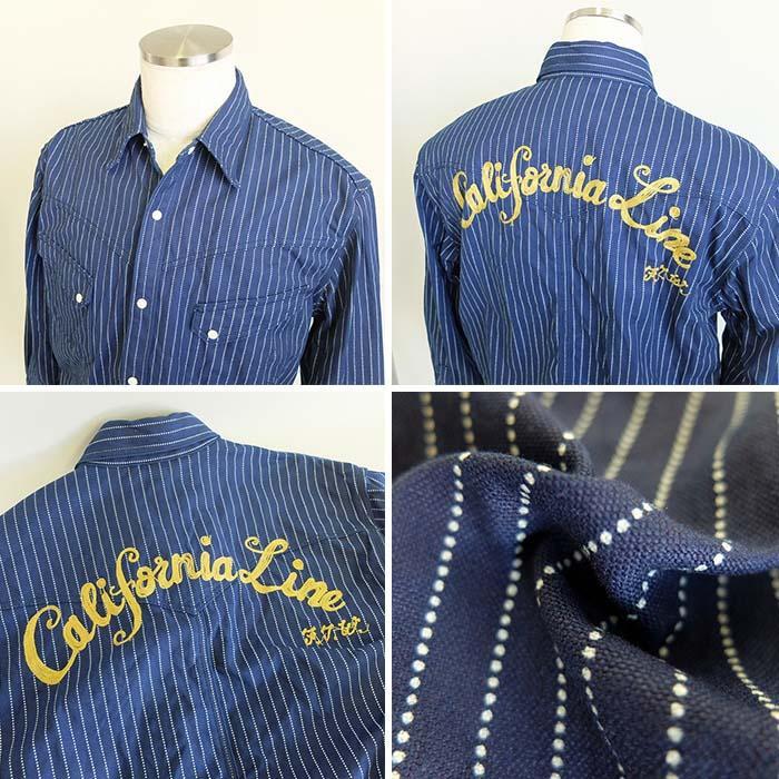 Mサイズ　CALIFORNIA LINE カリフォルニアライン 長袖 ネイビーストライプ ヒッコリーシャツ ワークシャツ 刺繍 オリジナル