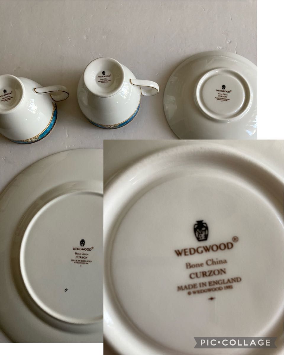 新品◆WEDGWOOD ウェッジウッド　CURZON カーゾン　カップ＆ソーサー　2客　プレート　1枚　旧刻印　黒壺　イギリス製