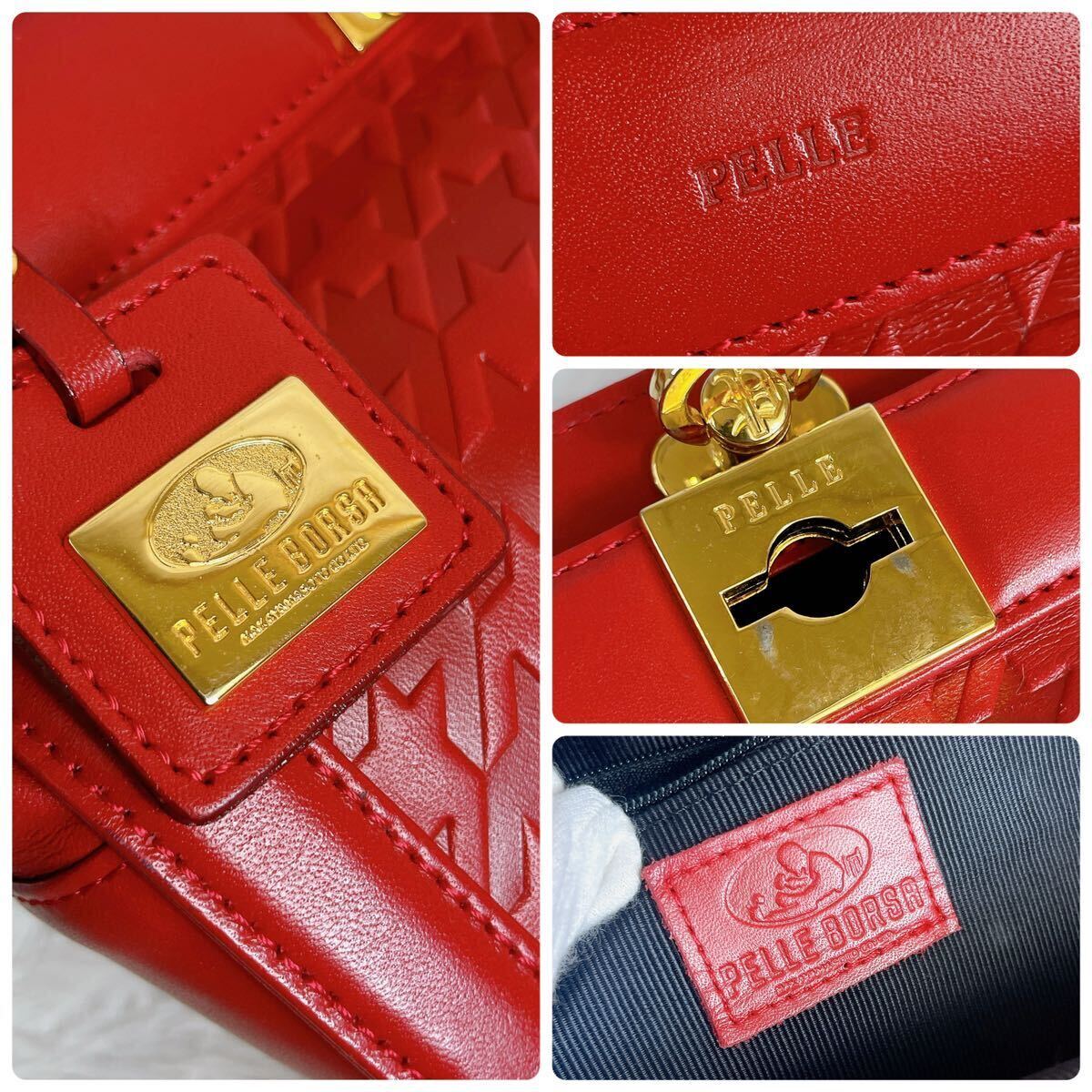 PELLE BORSA ペレボルサ　2wayバッグ　ハンドバッグ　ショルダーバッグ　千鳥格好　赤色　レトロ_画像9