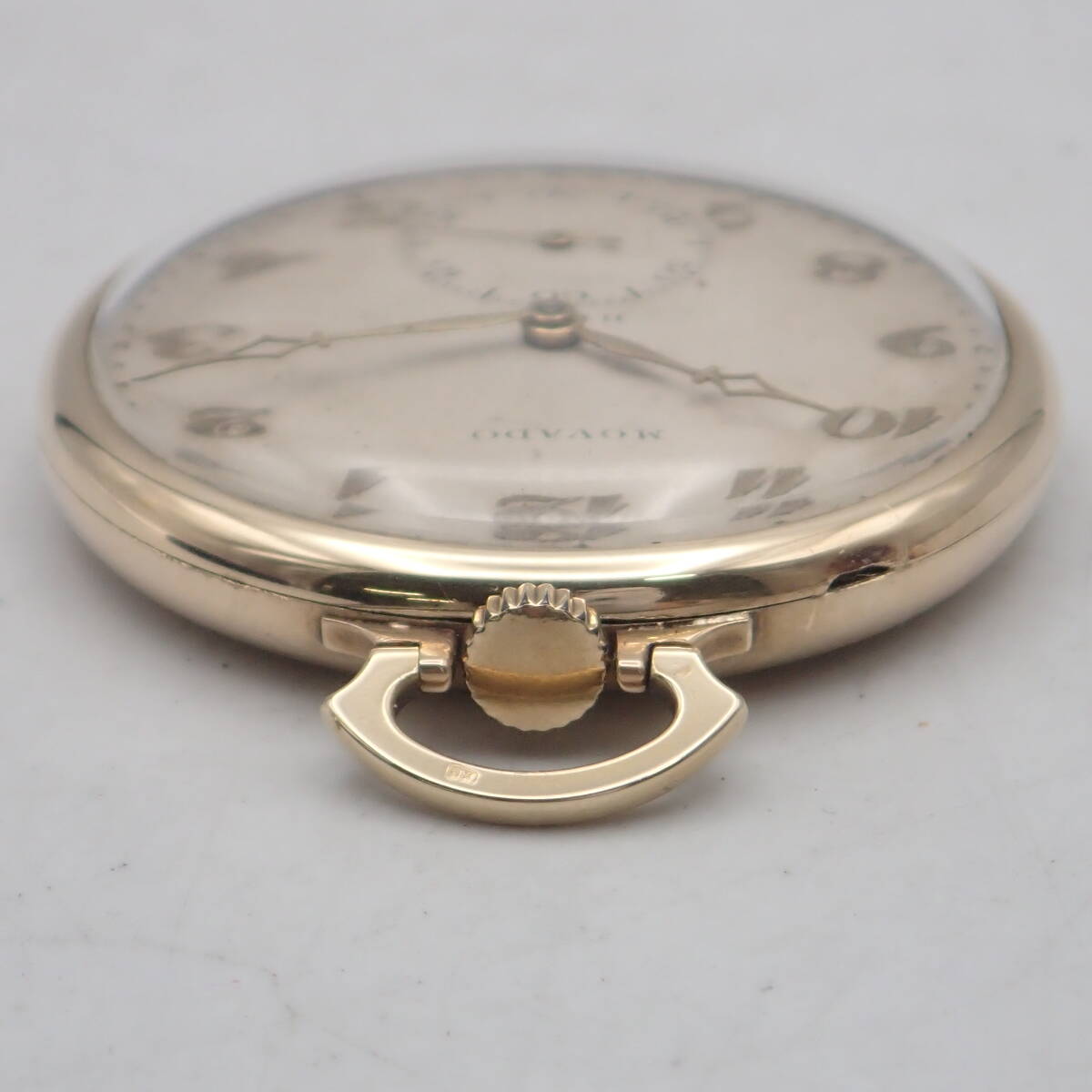 え02050【金無垢 14K 585 総重量 約54.7g】MOVADO モバード/HUBER/手巻き/懐中時計/オープンフェイス/スモセコ/数字/箱付_画像9