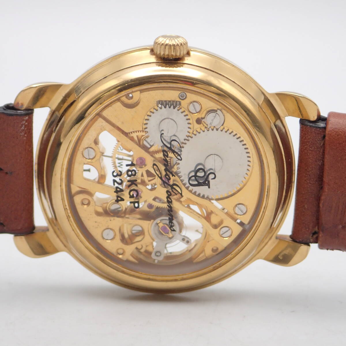 e03221/Santo Joannes cent joinus / hand winding / men's wristwatch /18KGP/17 stone / skeleton / Rome n/3244