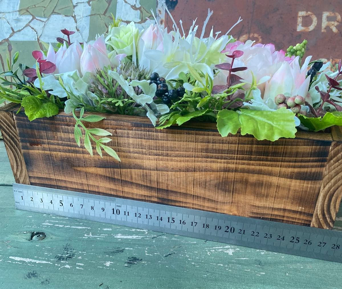 フェイクグリーンアレンジメント　アーティフィシャルフラワー　造花　インテリア雑貨　木製プランター　茶色　ピンク　53