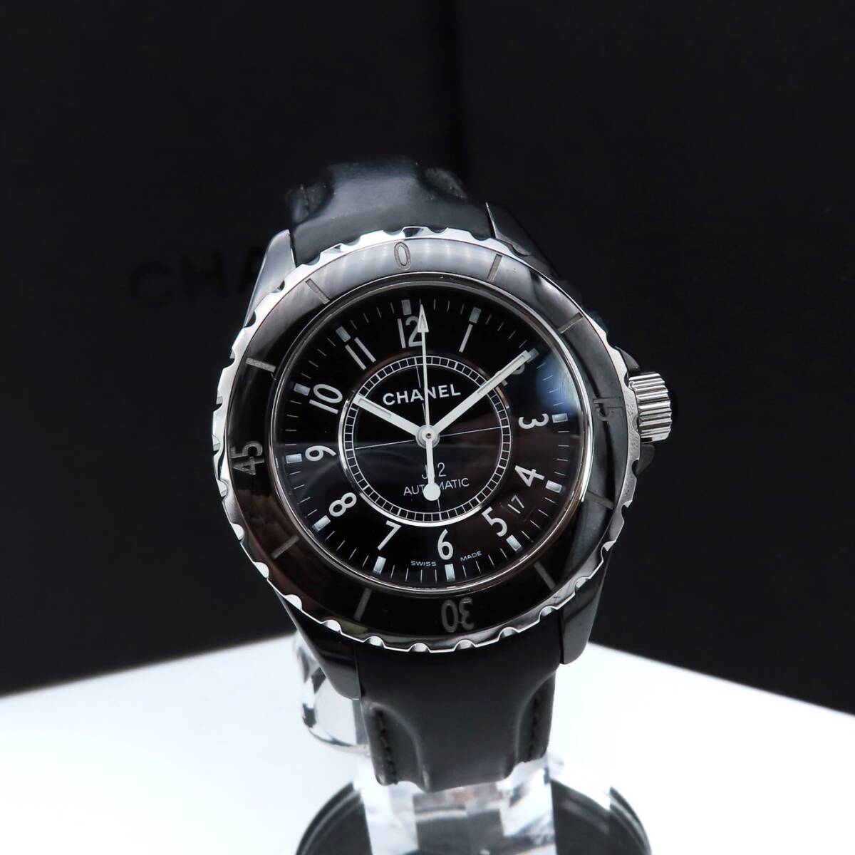極希少 美品 CHANEL シャネル セラミック レザー メンズ 腕時計 ブラック 38㎜ J12 H0683 自動巻き 回転ベゼル ZZ15