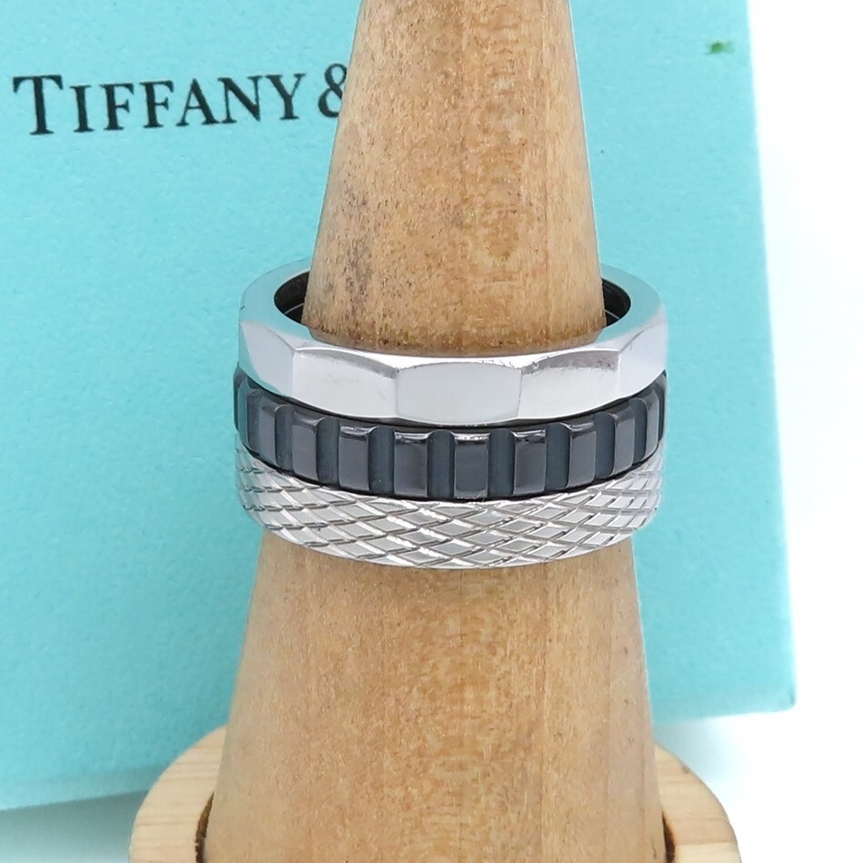 極希少 美品 Tiffany&Co. ティファニー パロマ キャリパー ３連 メンズ ユニオン リング 24.5号 指輪 ブラック チタン シルバー HH312_画像1