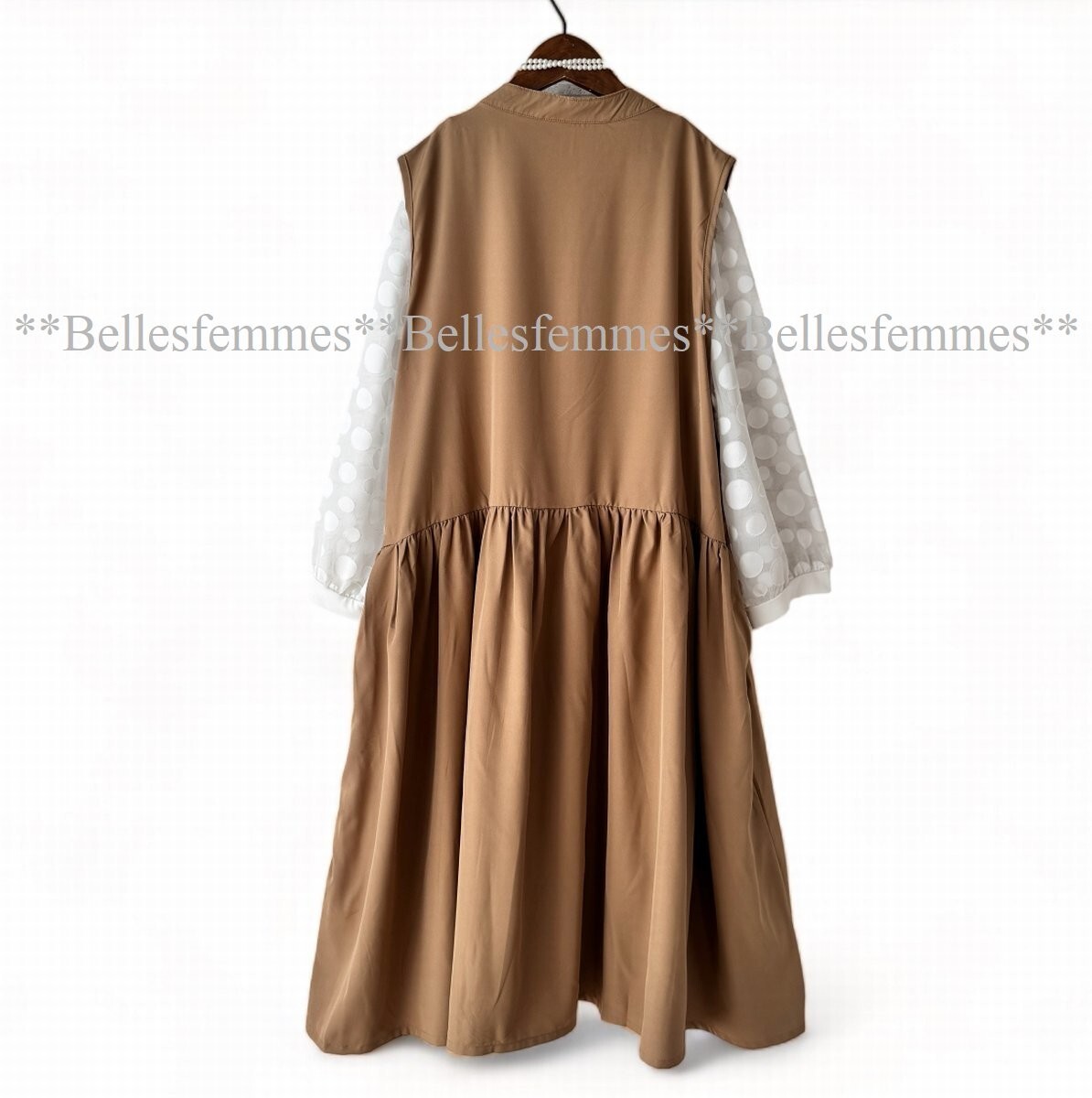 ★Belles*★新品M～L★送料185円*たっぷりギャザー*前ボタンロングベスト*ジャンスカやワンピースにも*ゆったりサイズ*ポケット付*595薄茶_画像7