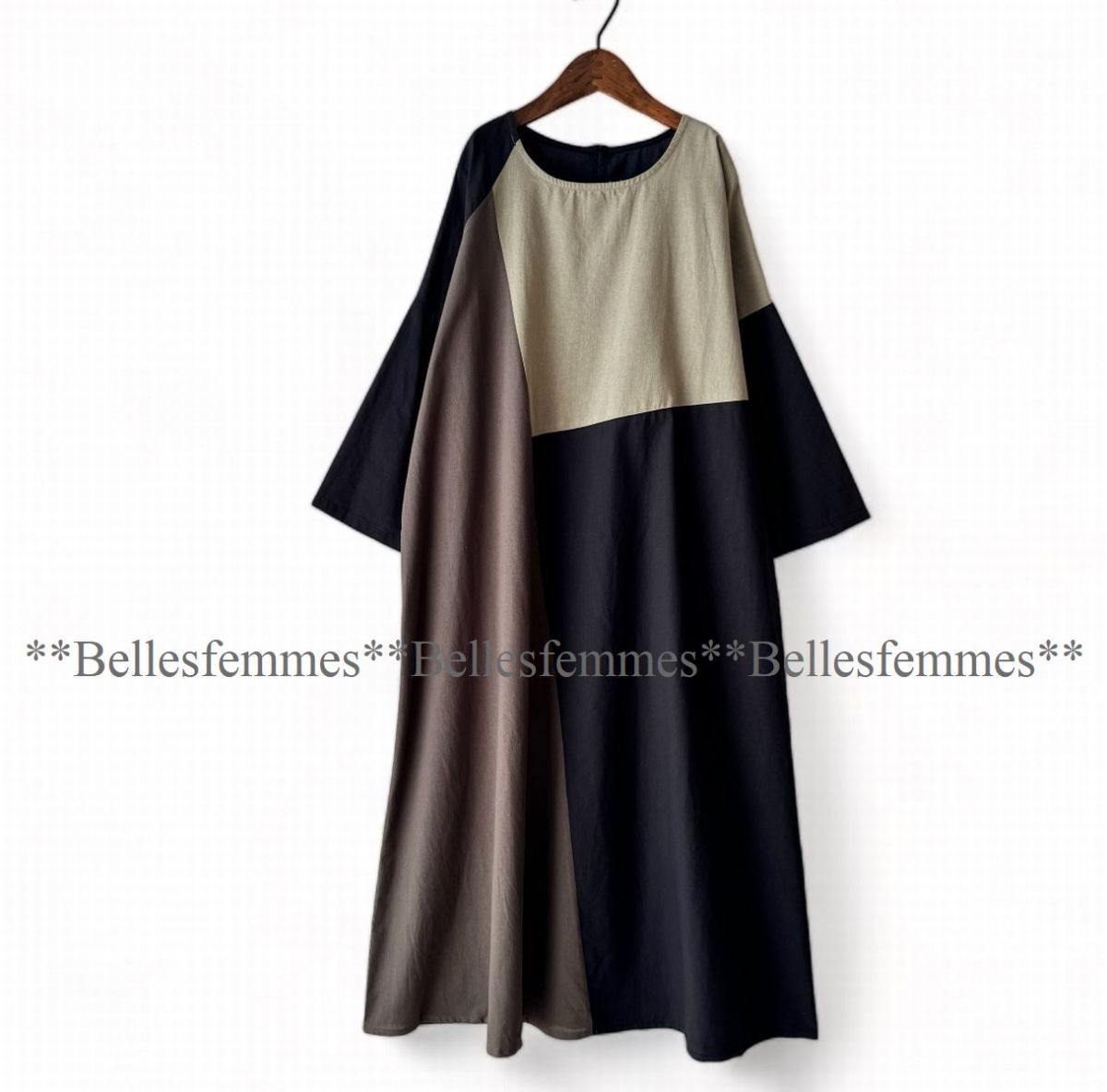 ★Belles*★送料185円★新品★M～L*大人ナチュラル*カラーブロック*重ね着にも*コットン100%チュニックワンピース*177156ベージュ_画像7