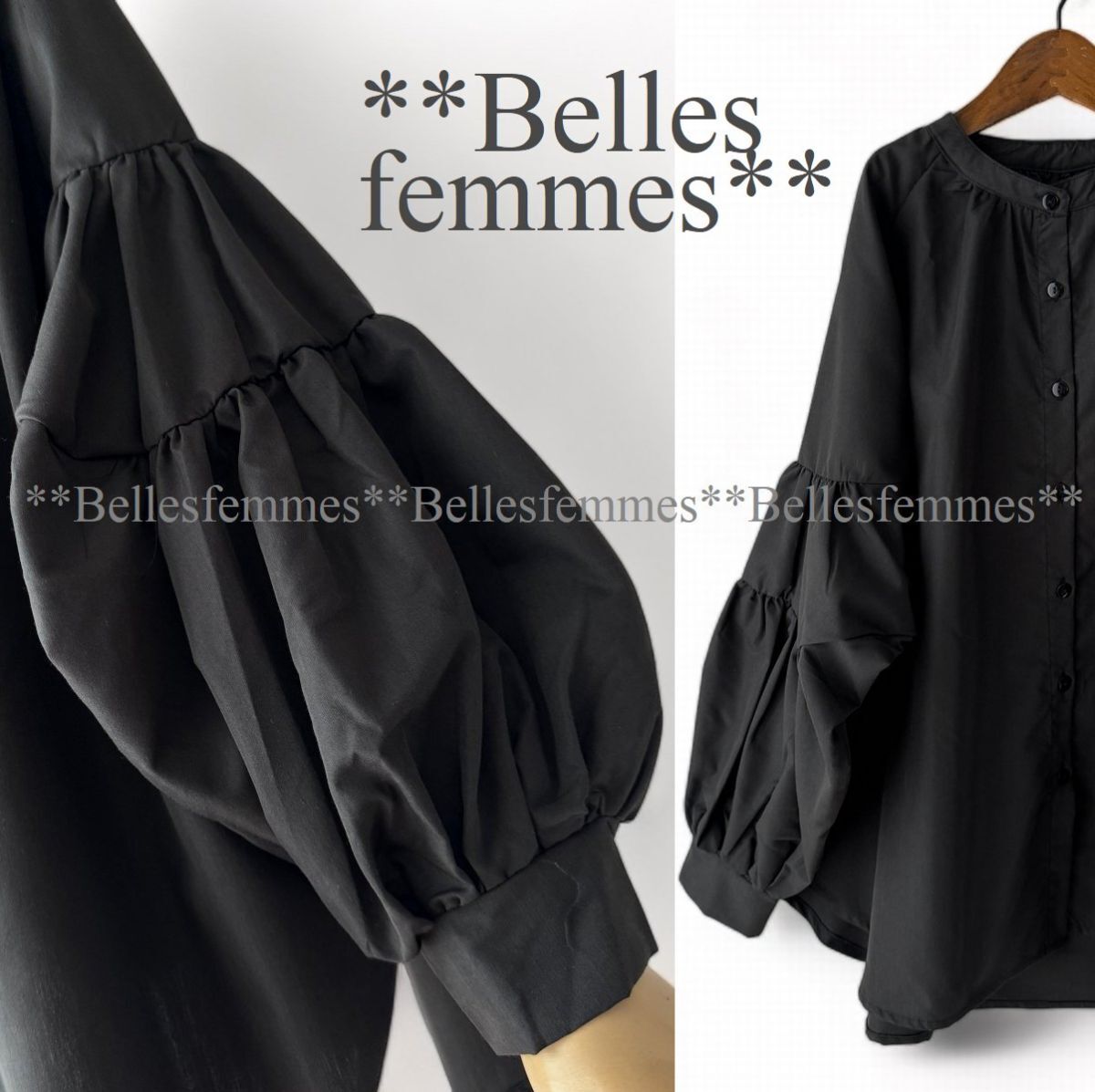 ★新品★*送料185円★*トレンド感のボリューム袖*バンドカラー*ポワン袖チュニックブラウス*★Belles*611ブラック*M～L*ベストインナー._画像1