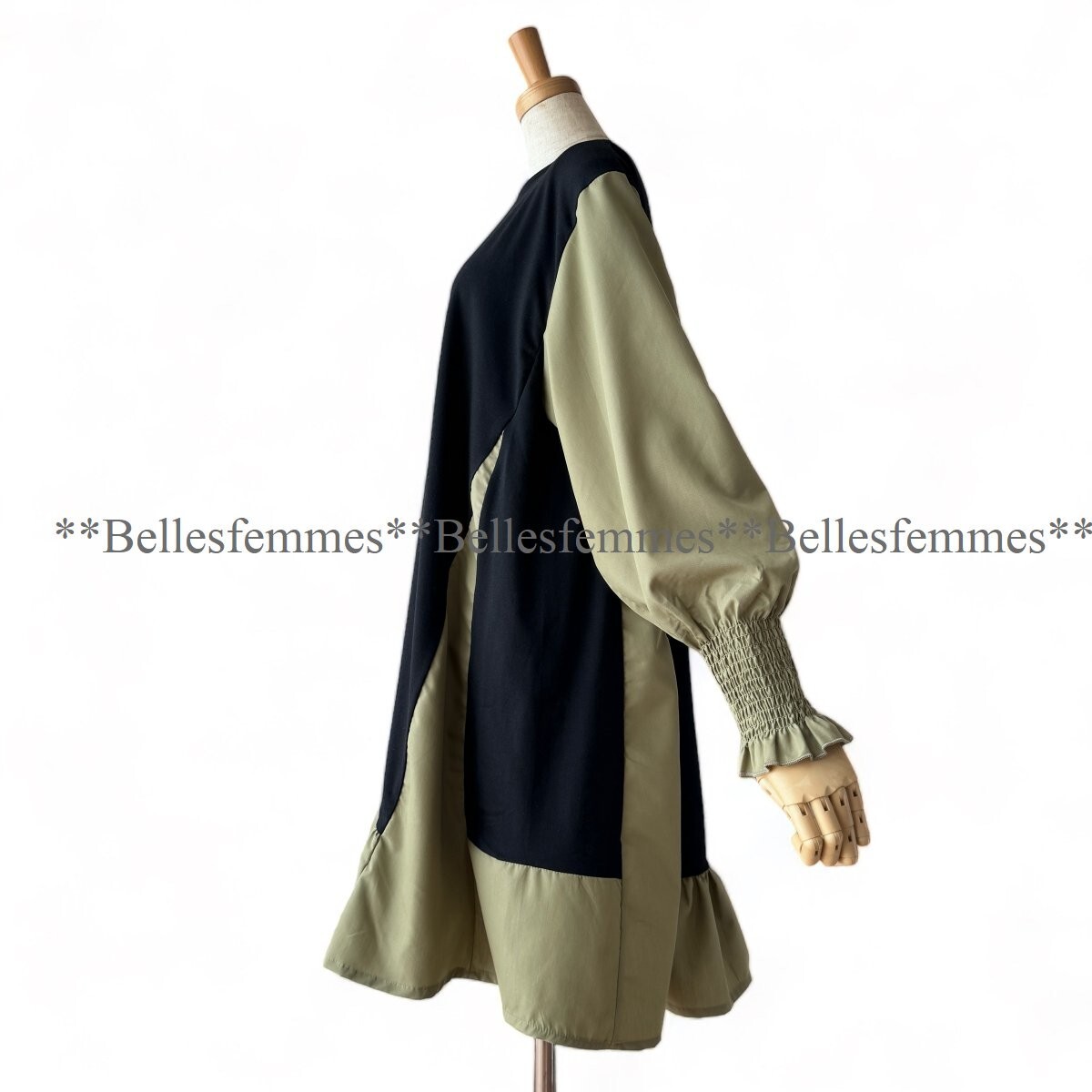 ★Belles*★送料185円★新品M～L対応★*大人可愛い*ボリューム袖とフレアデザイン*たっぷり長め丈チュニックワンピース*590黒×ピスタチオ_画像3