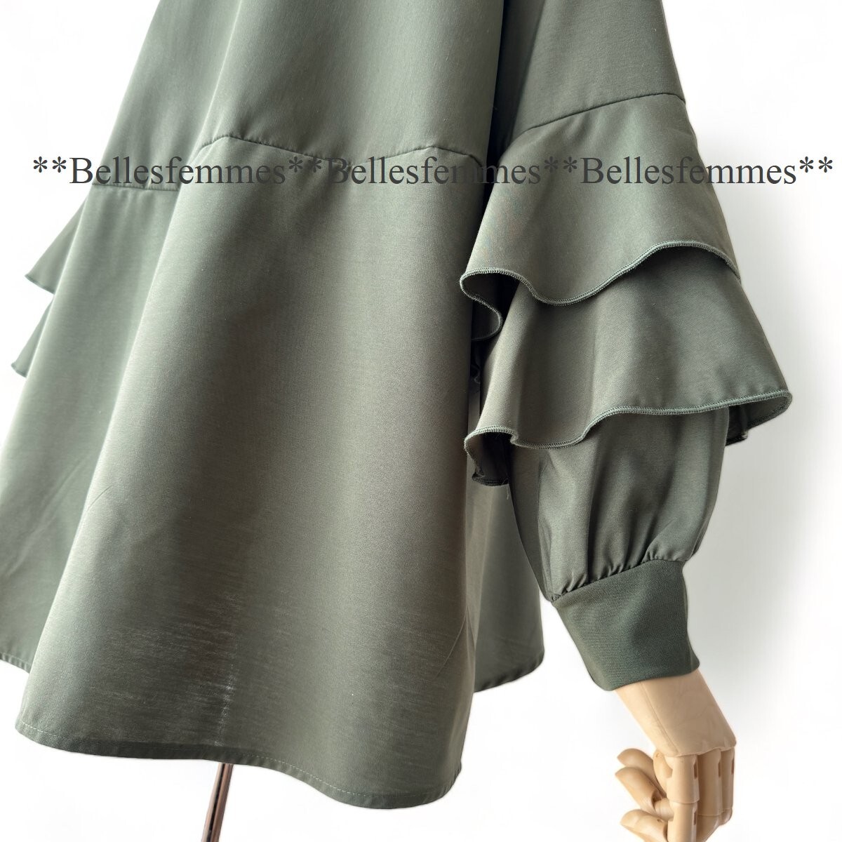 ★Belles*★送料185円★新品M～L対応★春★主役級のフリル袖*ロングテールチュニック*異素材切替*ボリューム袖*ゆったりチュニック361GREEN_画像9