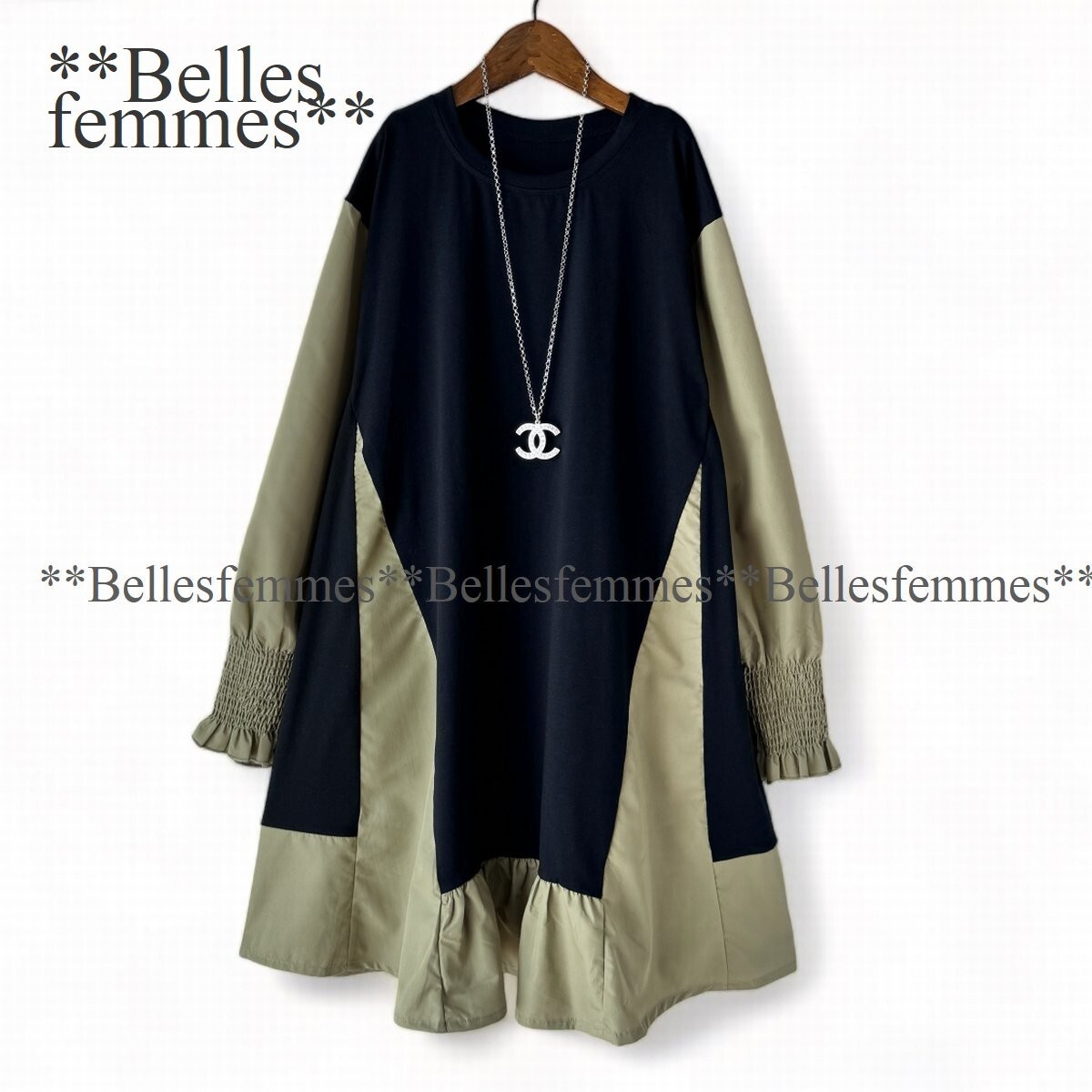 ★Belles*★送料185円★新品M～L対応★*大人可愛い*ボリューム袖とフレアデザイン*たっぷり長め丈チュニックワンピース*590黒×ピスタチオ_画像1