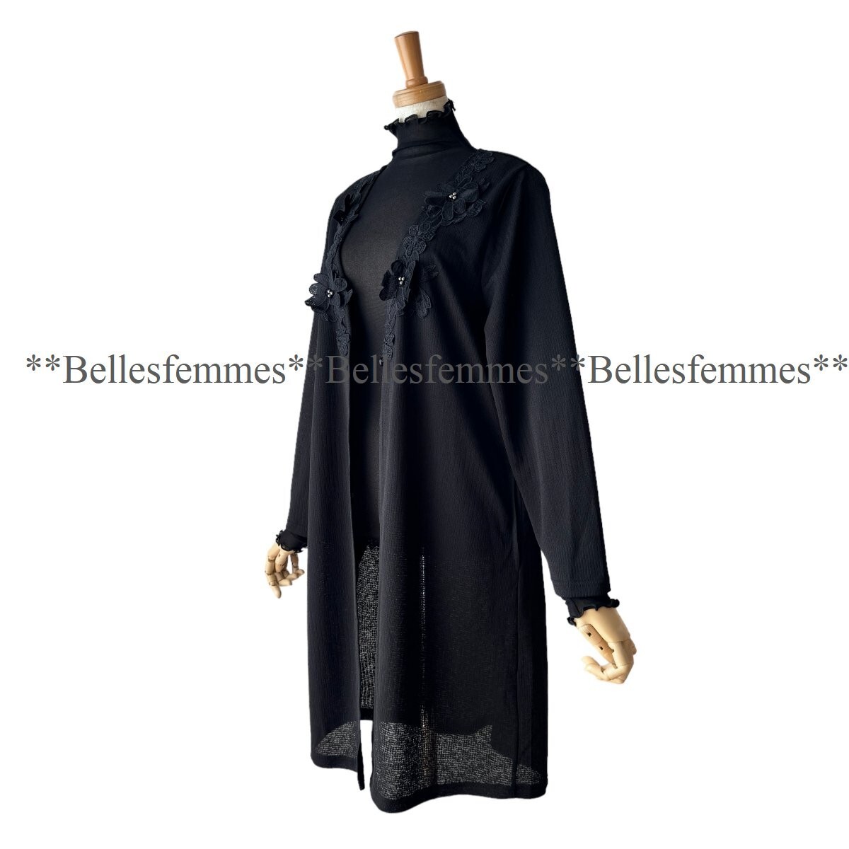 ★Belles*★送料185円★新品★フラワーモチーフ*上品で大人可愛い*ロングカーディガン*膝丈カーディガン*5407黒*M～L*ミセス_画像4