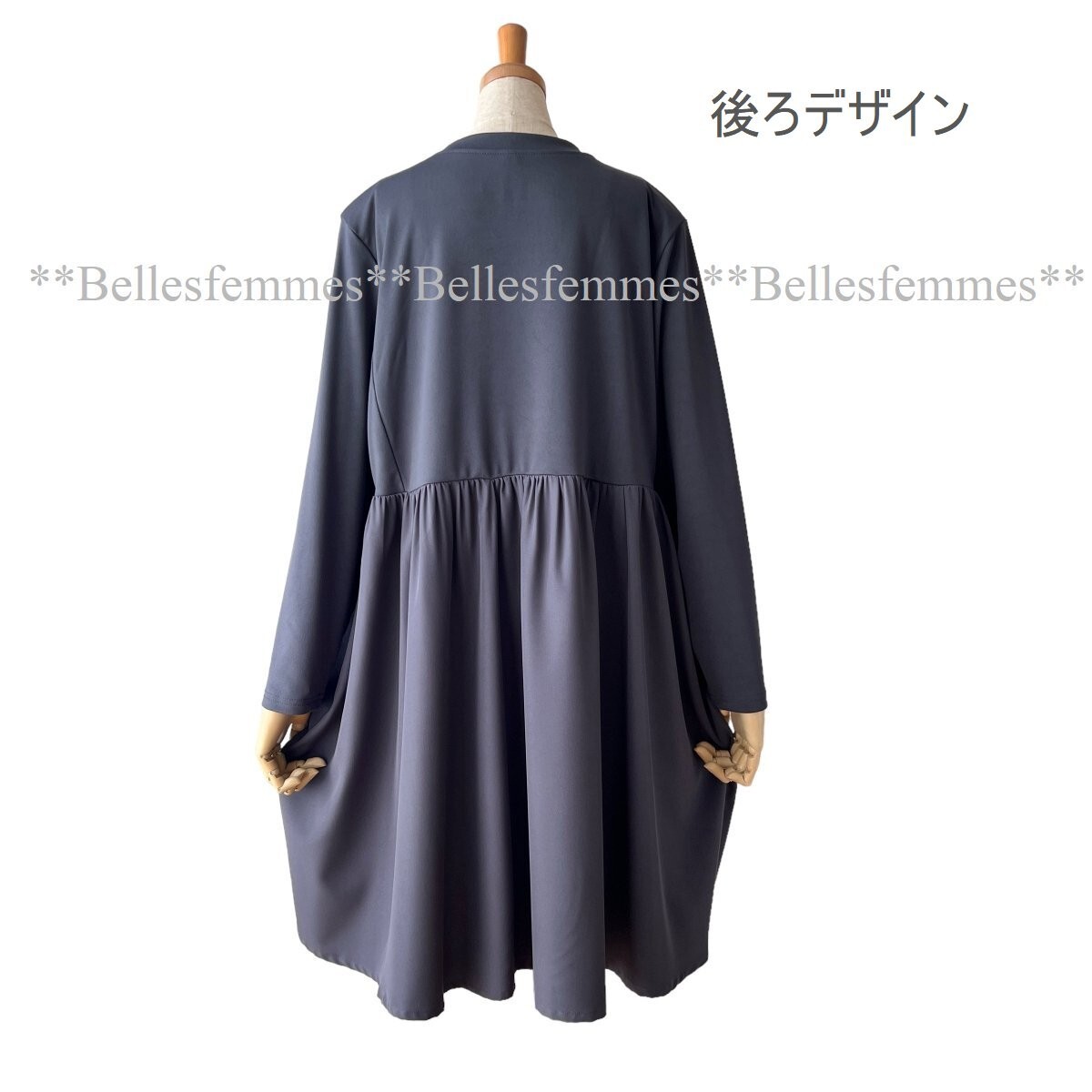 ★Belles*★送料185円★新品M～L対応★*春チュニック*たっぷりギャザーと個性派タックデザイン*異素材切替ふんわりチュニック*554グレー*_画像5