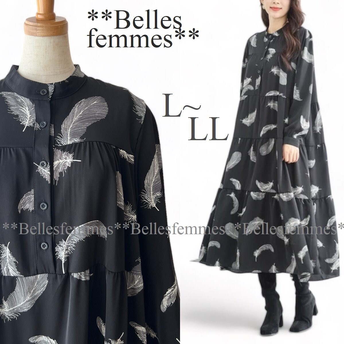 ★Belles*★新品L～LL対応★オフィススタイル～フェミニンな着こなしも*２WAYな印象*甘すぎない大人のティアードワンピース*967黒送料185円_画像1