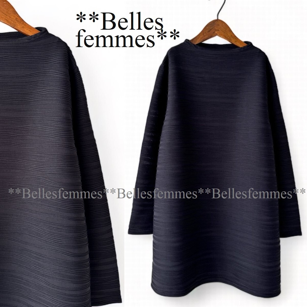 ★Belles*★新品★送料185円*春*ブラック*黒*ウェーブプリーツチュニック*定番人気*ボトルネック*ご旅行に*ヒップラインをカバー*20207*_画像1