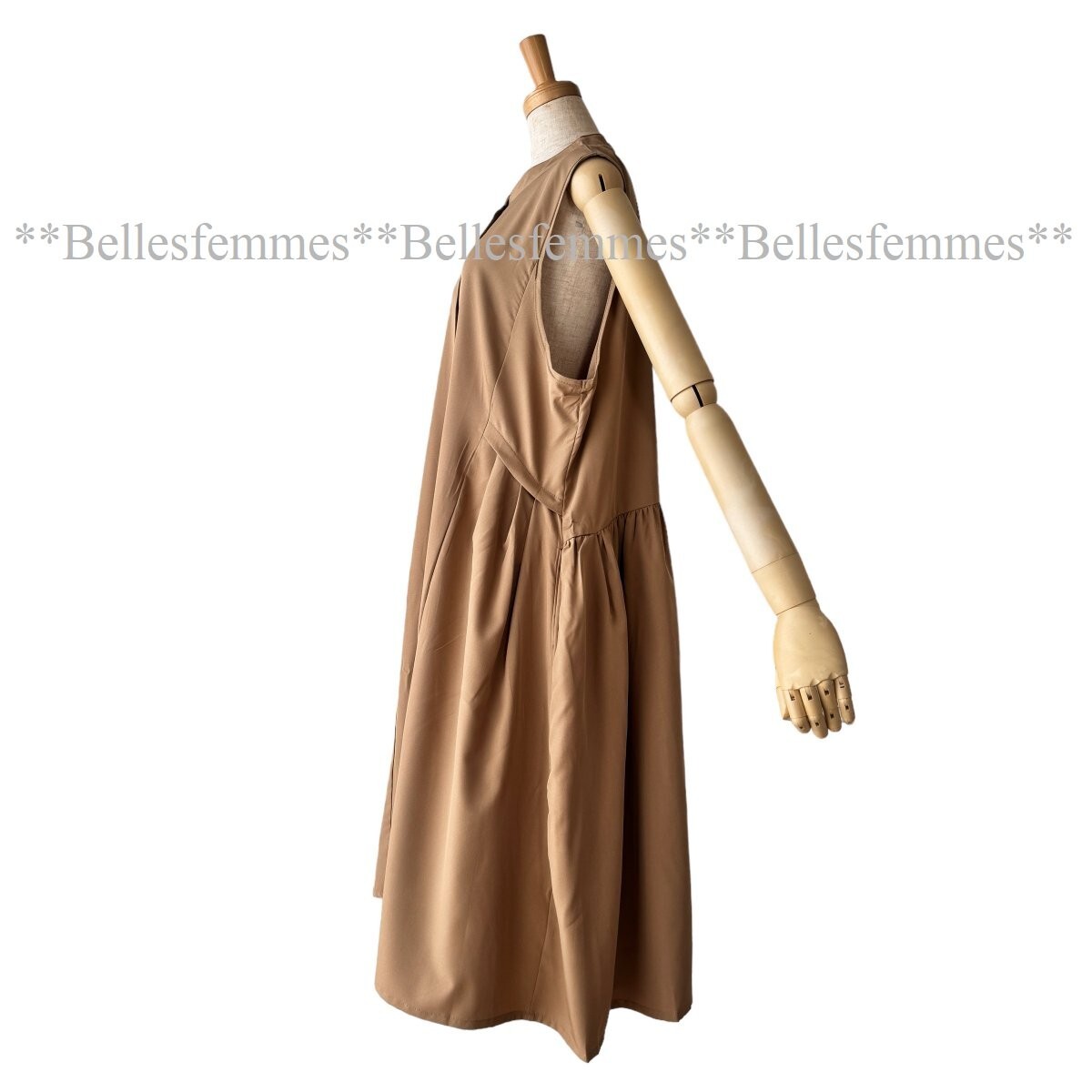 ★Belles*★新品M～L★送料185円*たっぷりギャザー*前ボタンロングベスト*ジャンスカやワンピースにも*ゆったりサイズ*ポケット付*595薄茶_画像5