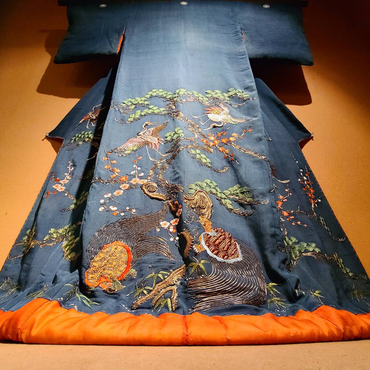 ◆江戸末期~明治頃 松竹梅鶴亀文様 刺繍 打掛◆ 時代衣装古裂古布法衣装束狩衣神主衣装巫女公家衣装有職衣装袈裟打敷表具裂金襴錦裂