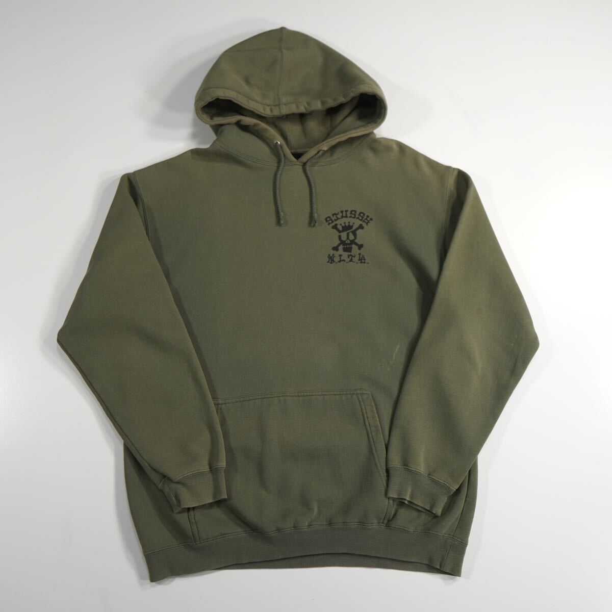 90's USA製 OLD STUSSY ステューシー パーカー Lサイズ フーディー NYLTLA ドクロ 90年代 カーキ 古着 ヴィンテージ_画像2