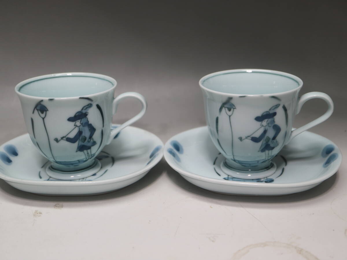 有田焼 百合型コーヒー 碗皿 南蛮人 異人柄 手描き 染付 藍色の画像1