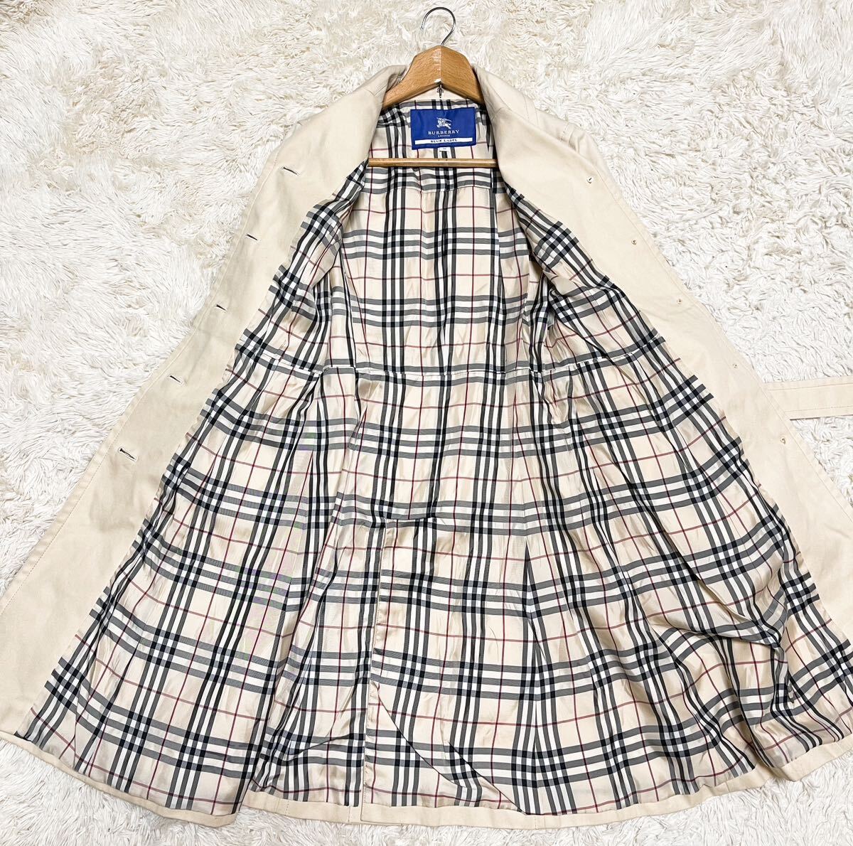 1スタ BURBERRY BLUE LABEL 38 バーバリー ブルーレーベル ベージュ ベルト アウター トレンチコート ノバチェック 総裏地 ロング丈 H2_画像4