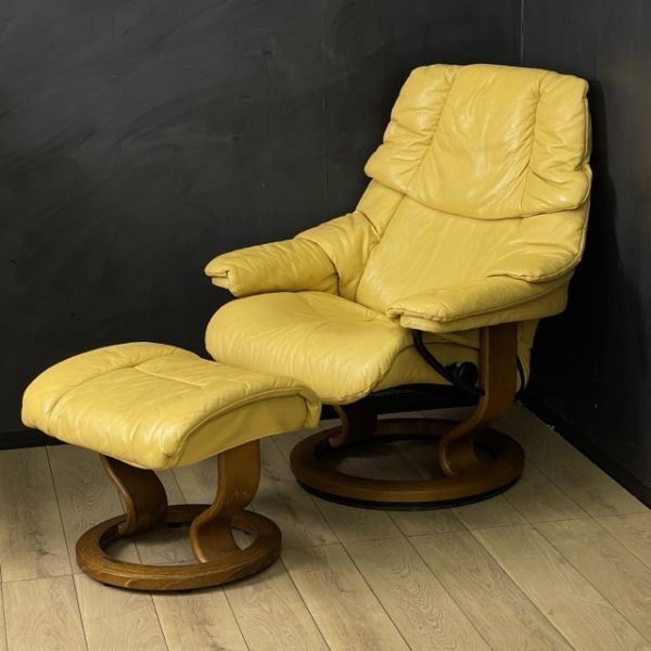 EKORNES エコーネス 最高級 Reno レノ 総革 ストレスレス リクライニングチェア+オットマンセット 1Pソファ 椅子 家具 / 57047_画像1