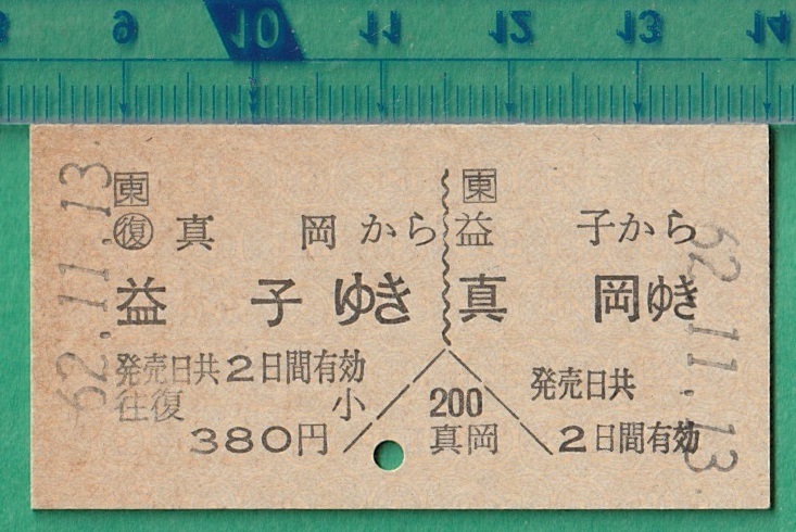 鉄道硬券切符26■A型往復乗車券 真岡⇔益子 380円 62-11.13　検）真岡鐡道_画像1