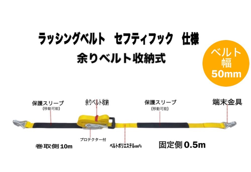 10本 新タイプ荷締機ベルト収納式 ラッシングベルト セフティフック 幅50mm 破断荷重5000kg 固定側0.5ｍ 巻取側10ｍ Jフック ガッチャラチ_画像7