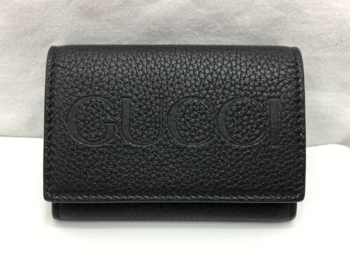 美品 GUCCI ロゴ ミニウォレット レザー 二つ折り 三つ折り 財布 736151 ブラックx内側ブルー コンパクト SS-296038_画像2