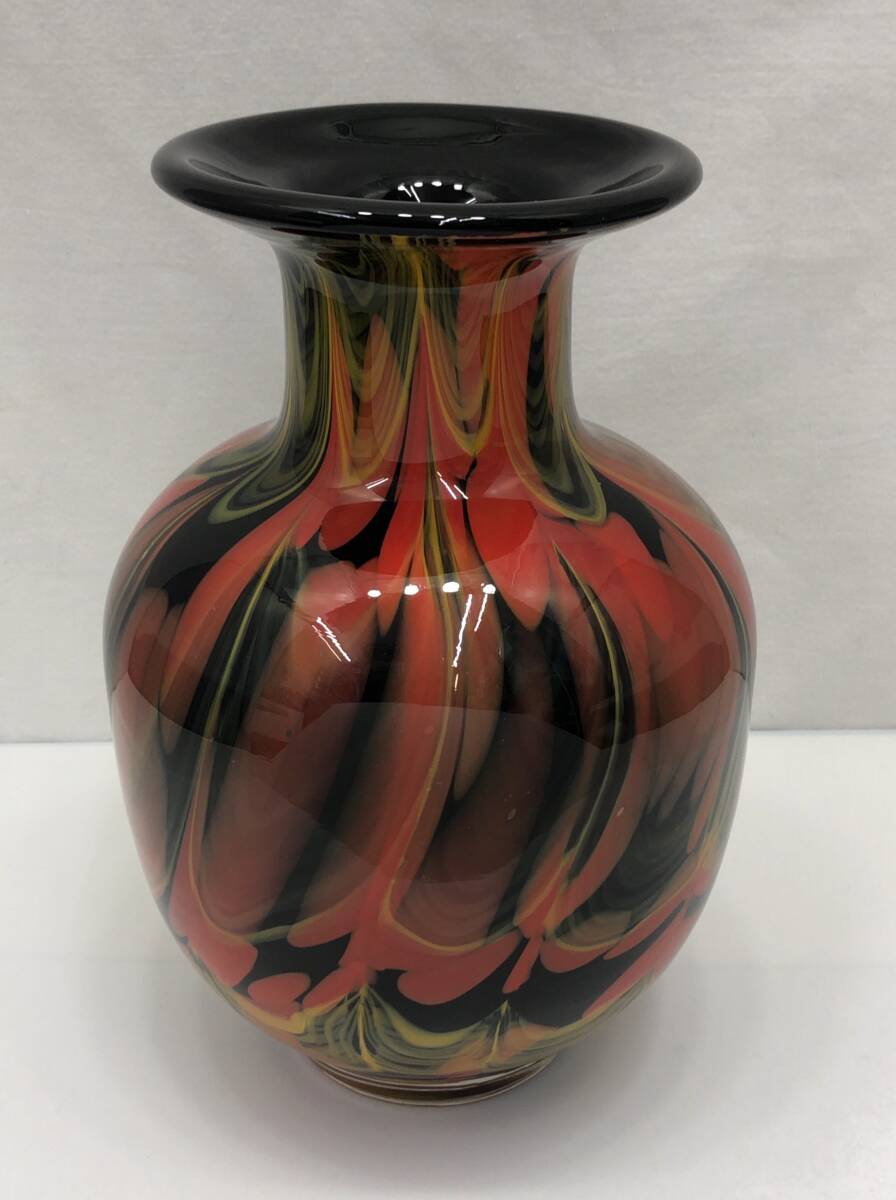 カメイガラス KAMEI GLASS OSAKA 花瓶 花器 フラワーベース ブラックxレッドxイエロー系 240327_画像1