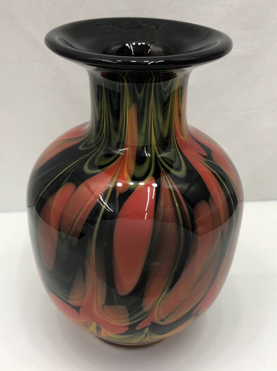 カメイガラス KAMEI GLASS OSAKA 花瓶 花器 フラワーベース ブラックxレッドxイエロー系 240327_画像3