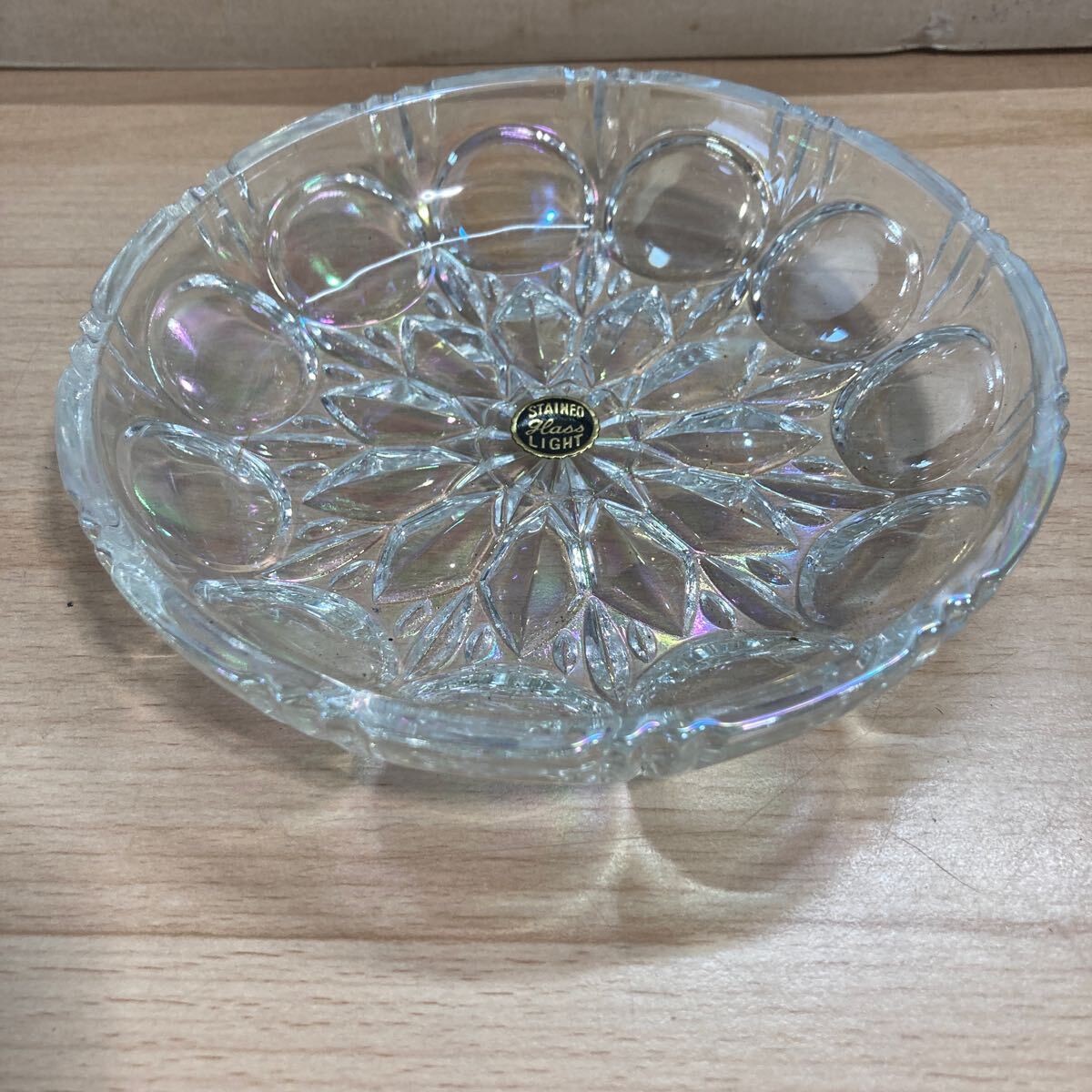 1円スタート ステンド ライト グラス STAINED LIGHT GLASS 深皿 ５客セット 径15cm×高さ3cm フォーク付き 昭和レトロ 未使用(7-2)_画像2