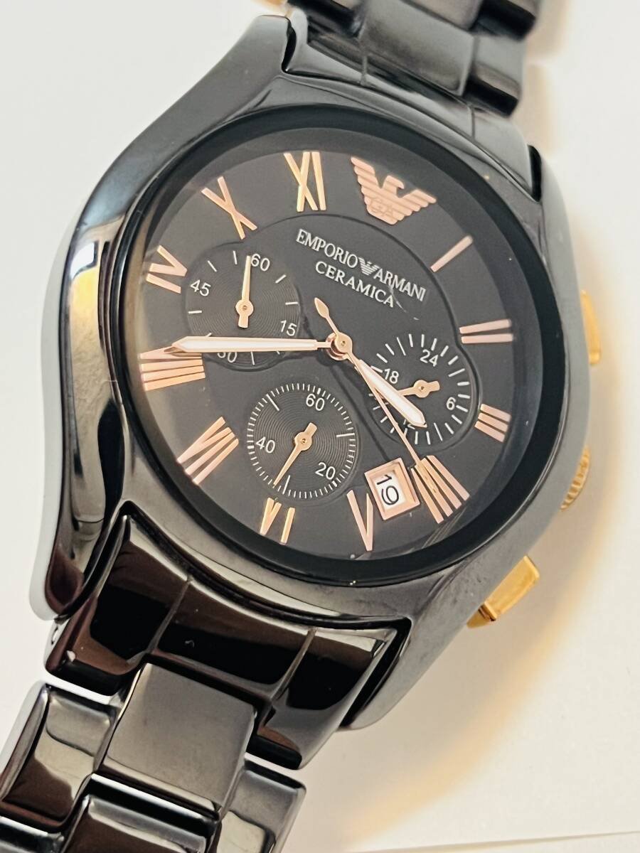 動作未確認 EMPORIO ARMANI エンポリオアルマーニ クォーツ腕時計 AR-1410 メンズ 時計 ブラック クロノグラフ ベルト切の画像1