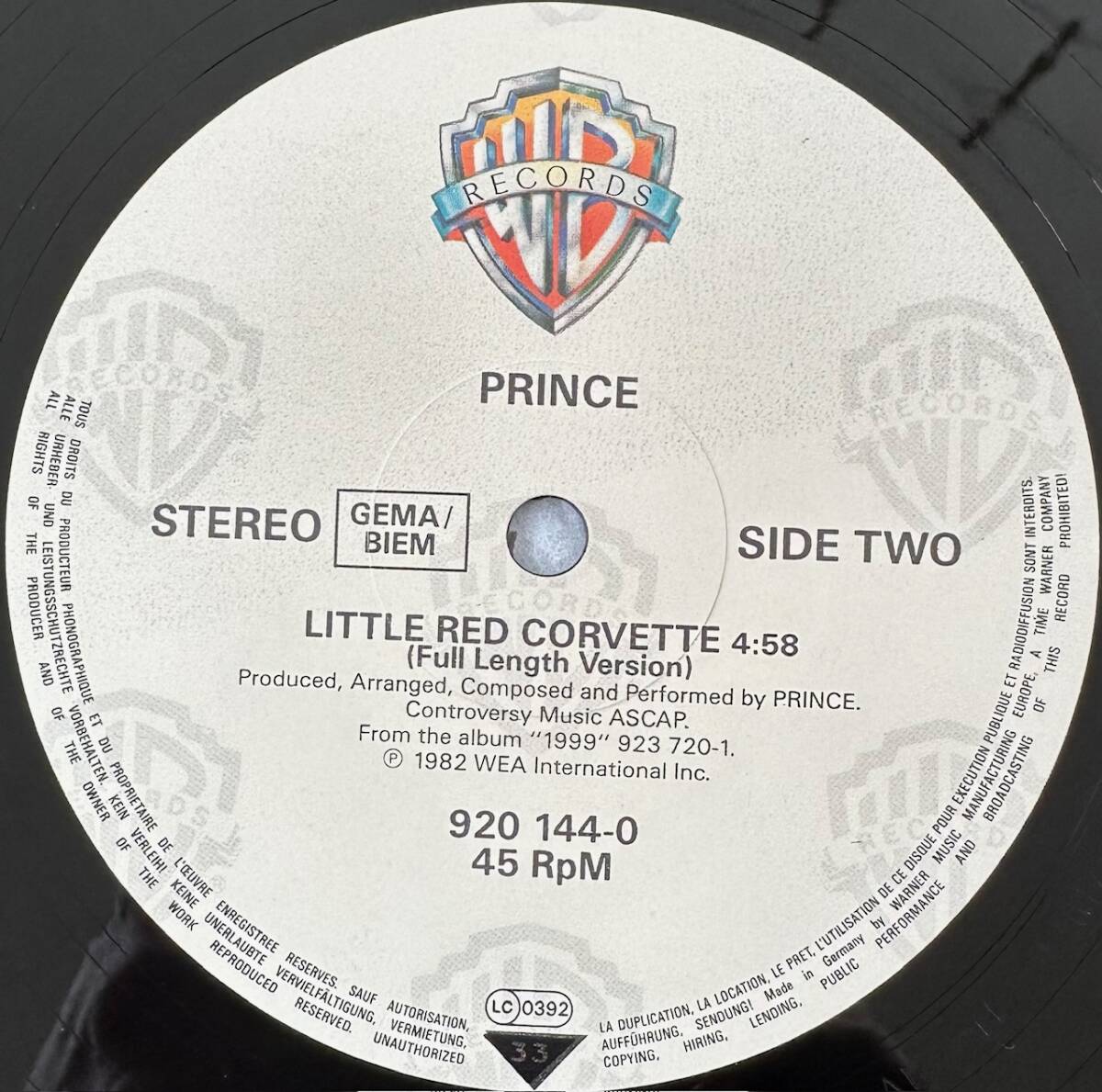 ■1984年 オリジナル Europe盤 Prince - 1999 (Full Length Version) / Little Red Corvette 12”EP 920 144-0 Warner Bros. Records_画像4
